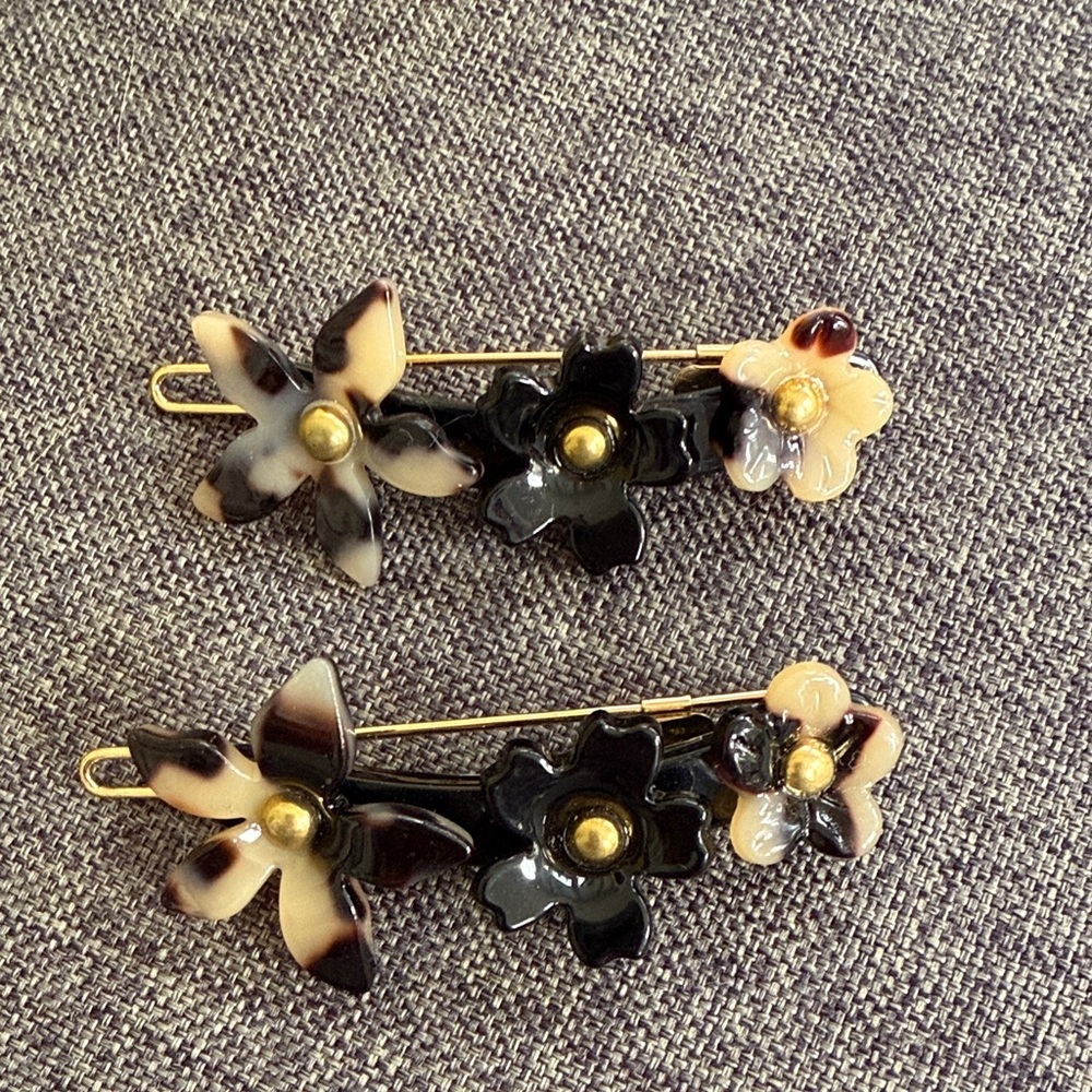 France Luxe Floral Hair Clips - Black and Cream tortoise NEW
